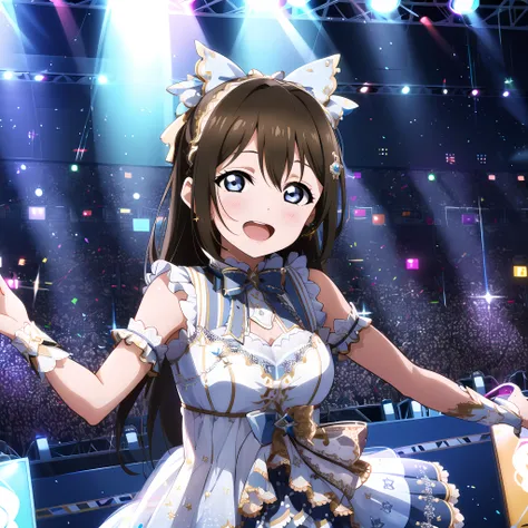 high quality, best quality, masterpiece, absurdres, shizuku osaka, idol, 1girl, stage, singing, <lora:szk:0.75>, lights, glow, light_particles, from_above