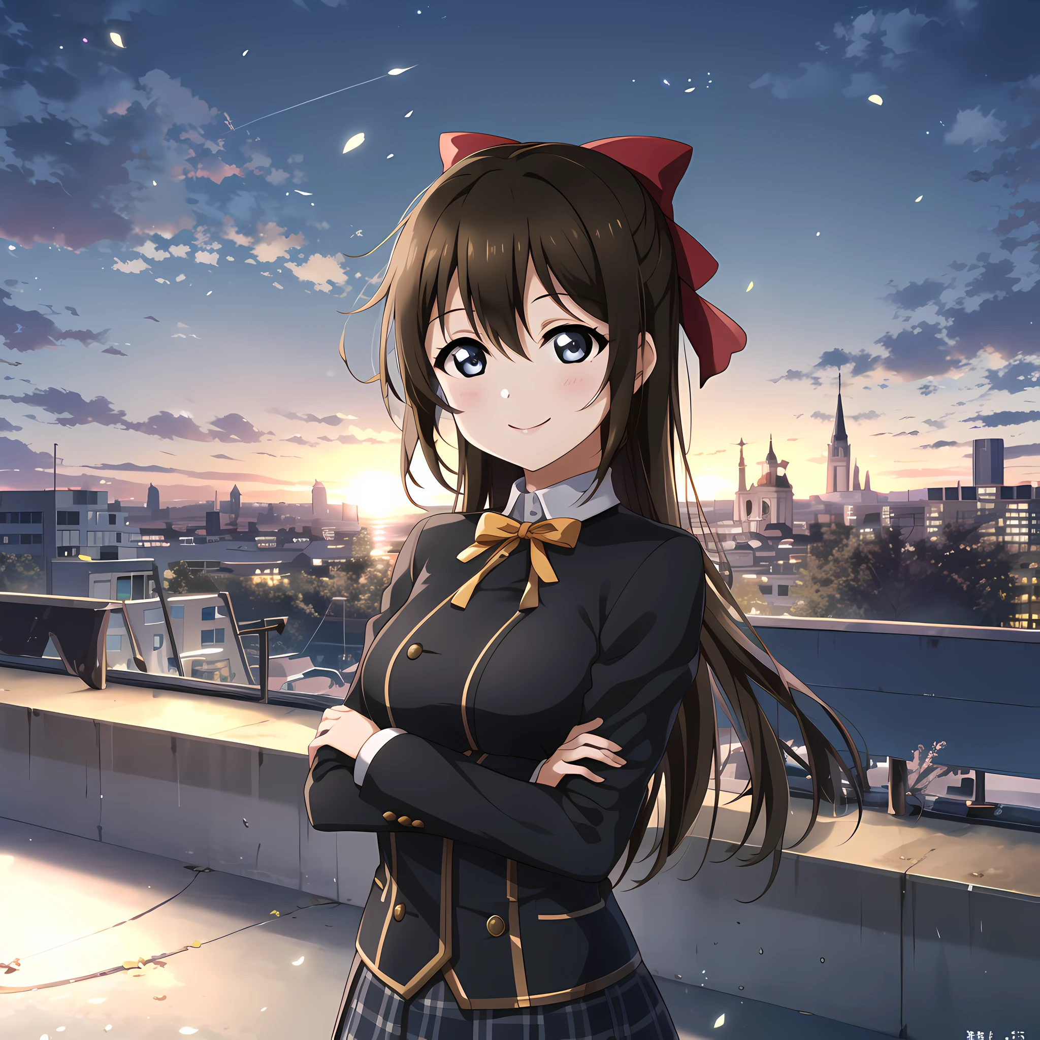 high quality, best quality, masterpiece, absurdres, shizuku osaka, uniform, 1girl, rooftop, smile, <lora:szk:0.75>, hair_bow, outdoors, wideshot, dawn, long_hair