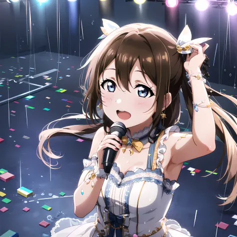 high quality, best quality, masterpiece, absurdres, shizuku osaka, idol, 1girl, stage, singing,  <lora:szk:0.75>, glow, light_particles, from_above, rain