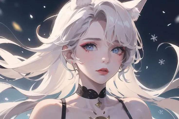 ((realistic)),(1girl),(nailin),painting,(white hair),bare shoulders, chromatic aberration,((fox ears)), ((cinematic light)), (finely detailed face), (portrait), (long, flowing)
, cinematic light, queen,disheveled hair, pastel colours, muted color,(enchanting:1),bestquality,(hair floating),(extremely beautiful detailed blue eyes),((red eyeshadow)),(closeup),long eyelashes,closed mouth,dynamic angle,
,intricate detail, fairy,red eyeliner,((red makeup)),masterpiece,collarbone,an extremely delicate and beautiful girl,(Winter snow),(long hair flowing with the wind),snow,from side,night,looking at camera