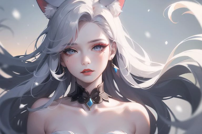 Ahri, ((((single person, single girl)))), ((upperbody shot)), highly detailed face, well defined face details, detailed face lighting, ((((8k ultra HD)))), ((((high quality photo)))), ((((extremely detailed)))), (photo realistic:1.2), ruined, cursed graveyard, white hair, cold color, ghostly eyes, glowing eyes, white flame, necromancer, ((night time))