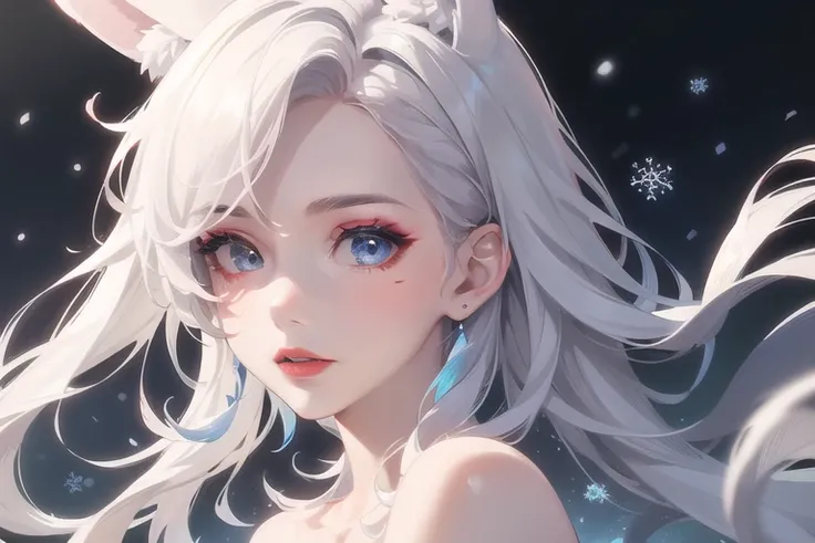 ((realistic)),(1girl),(nailin),painting,(white hair),bare shoulders, chromatic aberration,((fox ears)), ((cinematic light)), (finely detailed face), (portrait), (long, flowing)
, cinematic light, queen,disheveled hair, pastel colours, muted color,(enchanting:1),bestquality,(hair floating),(extremely beautiful detailed blue eyes),((red eyeshadow)),(closeup),long eyelashes,closed mouth,dynamic angle,
,intricate detail, fairy,red eyeliner,((red makeup)),masterpiece,collarbone,an extremely delicate and beautiful girl,(Winter snow),(long hair flowing with the wind),snow,from side,night,looking at camera
