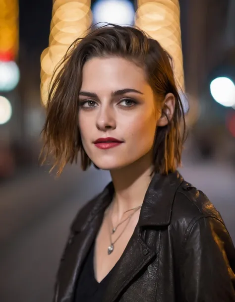 professional fashion close-up portrait photography of a young beautiful ((ohwx woman)) <lora:kristen_lora_sdxl_v1-000008:1> in the city at night, Nikon Z9, bokeh