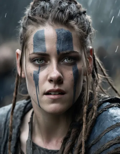 Close-up of  (ohwx woman)   <lora:kristen_lora_sdxl_v1-000008:1>  in Hellblade: Senua's Sacrifice, emerging from black mud, long hair with dreads, war blue paint, paint fading, angry expression, dirty face, finely detailed eyes, moody, viking clothes, epic scene, epic composition, Photography, Cinematic Lighting, Volumetric Lighting, ethereal light, intricate details, extremely detailed volumetric rays