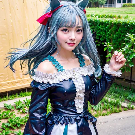 masterpiece,best quality,official art,extremely detailed CG unity 8k wallpaper, (realistic, photo-realistic),1girl,mejiro Ardan \(umamusume\),silver blue hair,green eyes,hose ear,red hear ribbon,cute face,looking at viewer,blush,solo,seductive smile,outdoor,farm,(best quality), (photorealistic:1.4), <lora:japaneseDollLikeness_v10:0.4>, <lora:mejiroArdan_1:0.7>