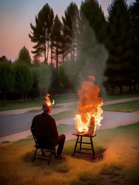 a man sitting in a chair with a fire in his head, fire above head, fiery skull contemplating life, by Steven Belledin, phoen