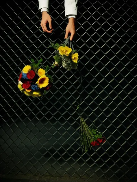 a man holding a bouquet of flowers in front of a fence., tally hall album cover, by John E. Berninger, hugh kretschmer, alec