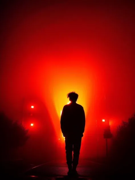 a man standing in the fog., sad lonely mellow vibes, silhouette of man, silhouette of a man, rutkowski , silhoutte, atmosphe
