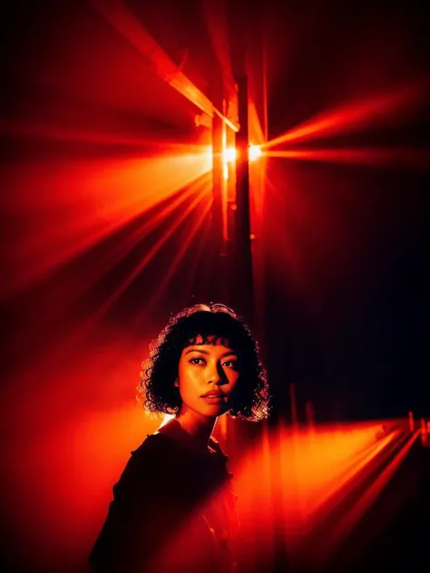 a woman with curly hair and a red shirt stands in front of a smokey background., petra collins, still from stranger things m