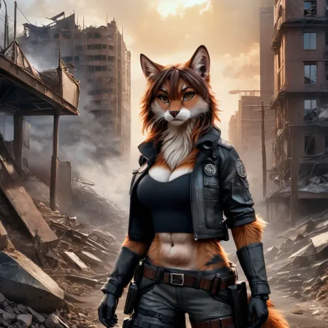 (Highest Quality, 4k, masterpiece:1.1), (realism, photorealistic:1.4), ray traced, hyper realism, soft lighting, detailed background, film grain, (detailed fur texture:1.3),
BREAK
((furry:1.3) cat girl), ((wearing post apocalyptic outfit:1.2)), ((medium breast)), inside a destroyed city after nuclear blast, standing on a ammonition chest,looking down from a hill, holding a gun, looking angry, visible fangs (perfect anatomy),((paws)), (aurora borealis), (close up:1.3), high quality photography, 3 point lighting, flash with softbox, 4k, Canon EOS R3, hdr, smooth, sharp focus, high resolution, award winning photo, 80mm, f2.8, bokeh