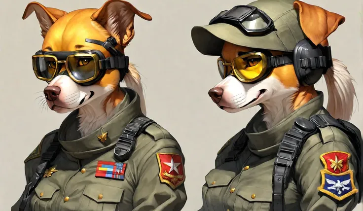 by pixelsketcher, by personalami, by photonoko, by pgm300, by foxovh, by kenket, traditional media \(artwork\),
Pitbull, female, yellow eyes, headgear, goggles on head, military, military uniform, warpaint, tech