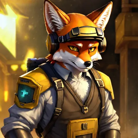by pixelsketcher, by personalami, by photonoko, by pgm300, by foxovh, by kenket, traditional media \(artwork\),
fox, male, anthro, yellow eyes, headgear, goggles on head,