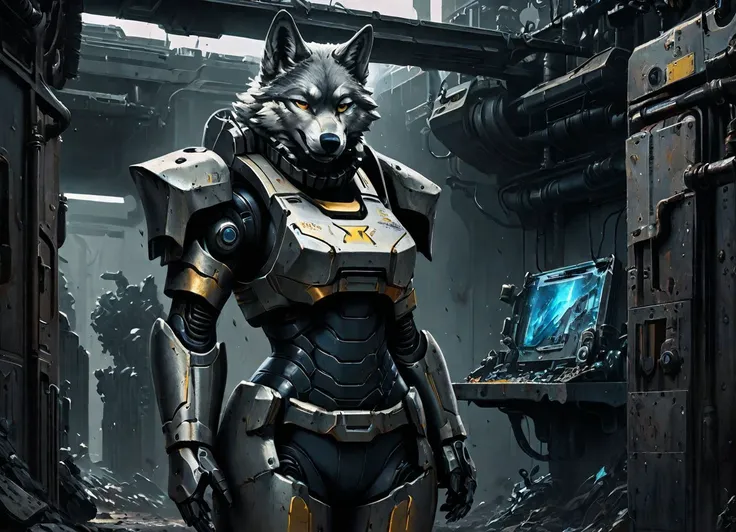 Tomboy wolf, narrow waist, wide hips, upper body, power armor, painting, putty knife, color graded, best quality, masterpiece, absurd res, 8k HDR, soft lighting, subsurface scattering, bloom, lens distortion, film grain, extreme detail, octane, SciFi grimdark fantasy setting, epic, extreme, intense, chaos