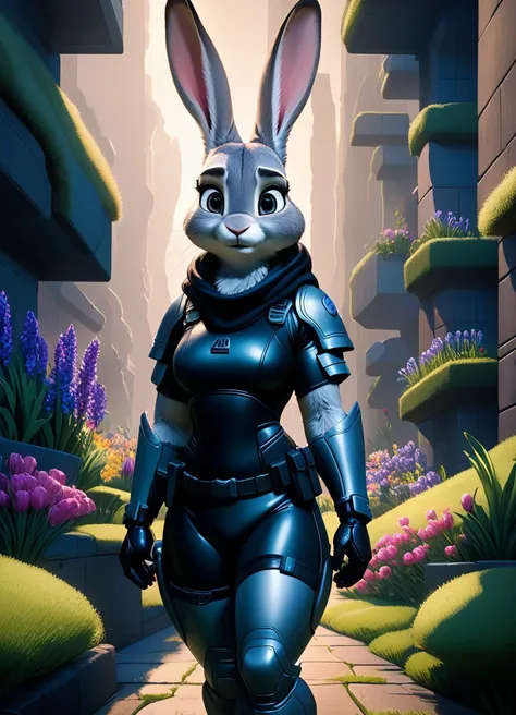 Rabbit, Judy hopps, narrow waist, wide hips, armor, military, color graded, best quality, masterpiece, absurd res, 8k HDR, soft lighting, subsurface scattering, bloom, film grain, godrays, caustics, extreme detail, octane, SciFi grimdark setting, epic