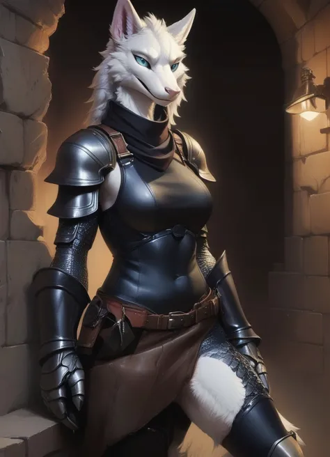 Tomboy Sergal, Sergal tail, small breasts, narrow waist, wide hips, goggles, upper body portrait, leather armor, grimdark, demure, shy, painting, putty knife, color graded, best quality, masterpiece, absurd res, 8k HDR, soft lighting, subsurface scattering, extreme detail