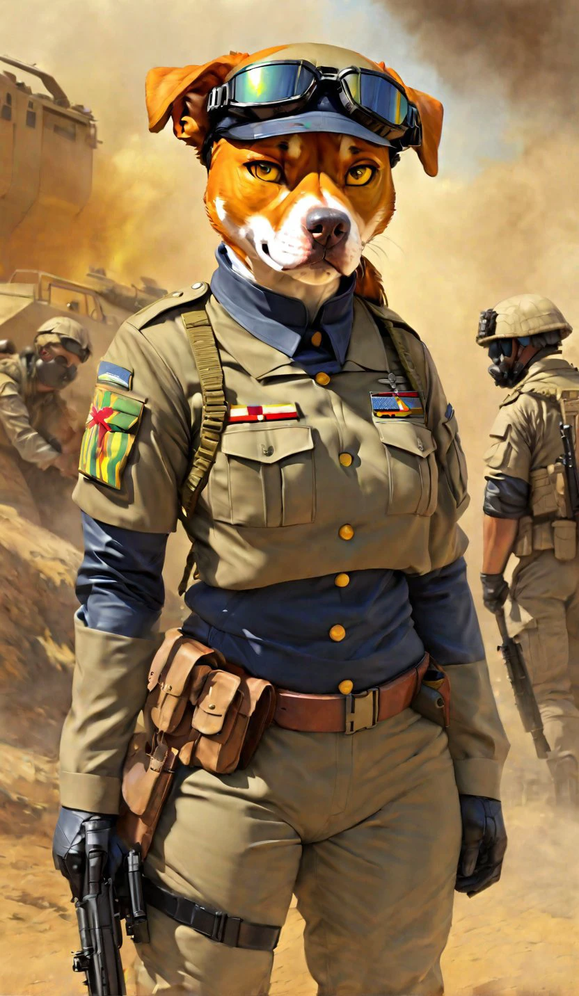 by pixelsketcher, by personalami, by photonoko, by pgm300, by foxovh, by kenket, traditional media \(artwork\),
Pitbull, female, yellow eyes, headgear, goggles on head, military, military uniform, warpaint, tech