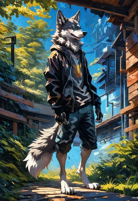 Stylized anime artwork, (wolf), full body, digital painting, pallet knife, photoshop acrylic painting, anime studio, subsurface scattering, HDR, masterpiece, best quality, detailed, absurd res, solo