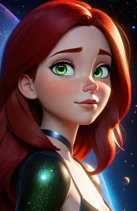 Stylized 3d artwork. beautiful woman, red hair, green eyes, freckles, magical glowing cosmos, Remarkable eyes, detailed face,(By Pixar, by Disney), masterpiece, best quality, absurd res, cinematic lighting, subsurface scattering, octane render, 8k HDR, nsfw, nude