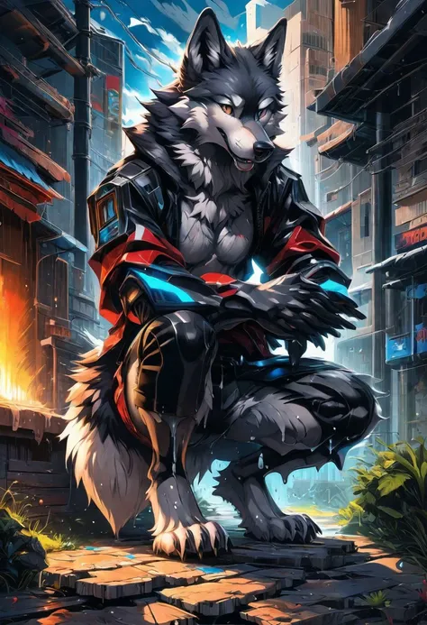 Stylized anime artwork, (wolf), full body, squatting, digital painting, pallet knife, photoshop acrylic painting, anime studio, subsurface scattering, HDR, masterpiece, best quality, detailed, absurd res, solo