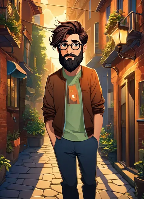 Stylized cartoon artwork, full body, (trans) 1boy, beard, glasses, (trendy hair), (Remarkable eyes, detailed face), cute. Digital painting, masterpiece, best quality, absurd res, cinematic lighting, subsurface scattering, detailed background