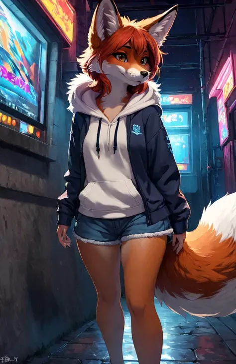 Stylized cinematic anime artwork, fluffy anthro furry, Fox, female, hoodie, shorts, single tail, subsurface scattering, smooth lines, caustics, hyper realistic painting