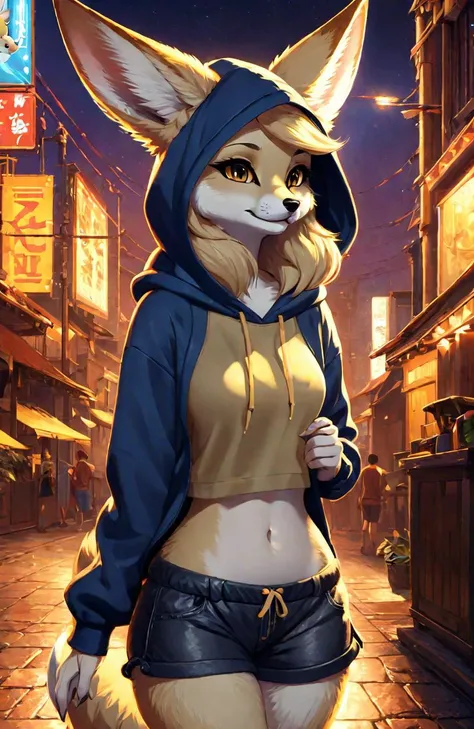 Stylized cinematic anime artwork, fluffy anthro furry, Fennec, female, hoodie, shorts, single tail, subsurface scattering, smooth lines, caustics, hyper realistic painting