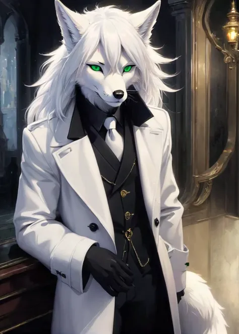 anthro, ÑÑÐ°ÑÐ± solo, white fox, portrait, man, (white body), (white fur:1.1), (white tail), long hair, white hair, green eyes, hypnotic eyes, smirking, trenchcoat, fedora, black clothing, looking at viewer, by zinfyu, by nomax, by honovy, by oouna, digital media (artwork), paws,