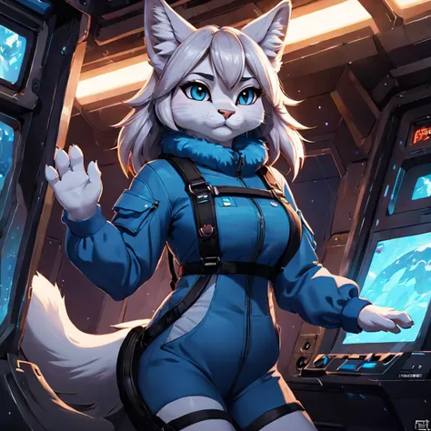 Cinematic anime artwork, full body, (fluffy anthro furry, Cat, solo, detailed face, remarkable eyes), fat, small breasts, overalls, waving, good hands, digital painting, masterpiece, subsurface scattering, soft lighting, best quality, detailed, smooth lines, scifi background