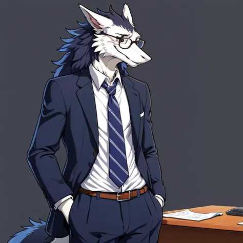 stylized anime studio Ghibli inspired artwork, tall, furry, sergal, well worn suit, messy, loosened tie, unbuttoned, detailed face, scruffy, glasses thick lenses, desk, quirky inventor, hunched over, eccentric, masterpiece, absurd res, countershading