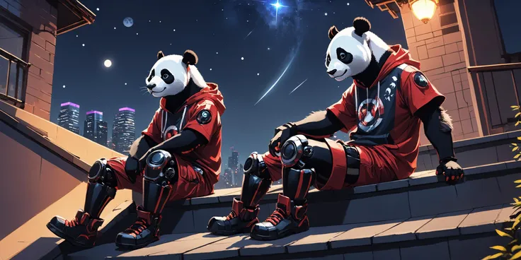 realistic digital art, two cyborg anthropomorphic giant panda male furry sitting on stairs on rooftop, chat with each other, have mechanical arms, mechanical hands, mechanical legs and mechanical boots, wear short sleeves hoodie, one is red and another is black, looking afar, city below, backlighting, night, moonlight, starry sky, shooting star, constellation