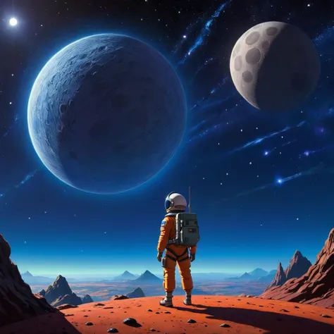 Stylized anime artwork, studio ghibli, an intrepid space ranger explores and alien planet, an amazing sky in the background filled with stars and swirling galaxies, distant nebula, a bright planetary moon, masterpiece, best quality, absurd res, subsurface scattering, anime studio, cinematic lighting