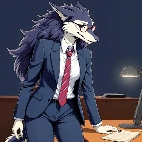 stylized anime studio Ghibli inspired artwork, tall, furry, sergal, female, well worn suit, messy, loosened tie, unbuttoned, detailed face, scruffy, glasses thick lenses, desk, quirky inventor, hunched over, eccentric, masterpiece, absurd res, countershading