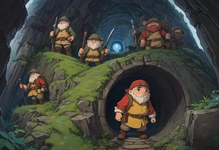 Stylized Anime artwork, 14mm - 35mm  focal length, fisheye lens, a group of explorers discover a hidden underground world ruled by dwarves detailed digital acrylic painting, color graded, studio ghibli, highly detailed