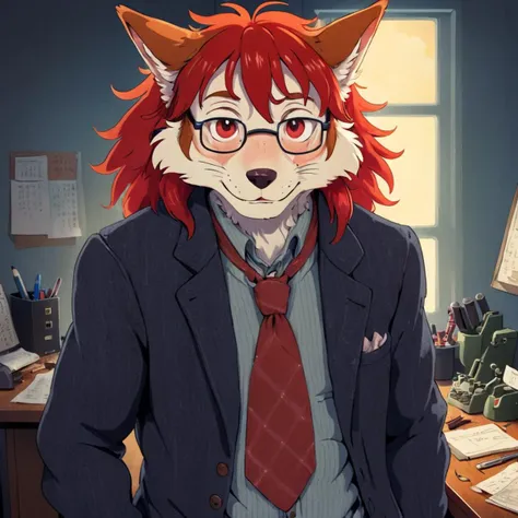 stylized anime studio Ghibli inspired artwork, tall, furry man, wearing a well worn tweed suit, messy, loose collar, loosened necktie, unbuttoned jacket, detailed face, scruffy red hair, childlike wonder, glasses with thick lenses, desk, overhead light, quirky, inventor, hunched over, eccentric tools, tinkering, masterpiece, absurd res, best quality, countershading