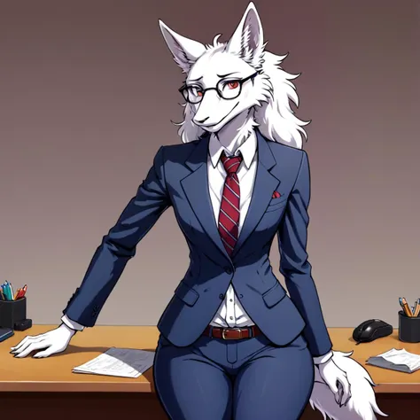 stylized anime studio Ghibli inspired artwork, tall, furry, sergal, female, worn suit, messy, loosened tie, unbuttoned, detailed face, scruffy, glasses thick lenses, desk, quirky inventor, hunched over, eccentric, masterpiece, absurd res, countershading