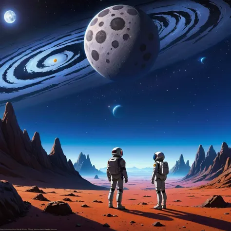 Stylized anime artwork, studio ghibli, an intrepid space ranger explores and alien planet, an amazing sky in the background filled with stars and swirling galaxies, distant nebula, a single bright planetary moon, masterpiece, best quality, absurd res, subsurface scattering, anime studio, cinematic lighting