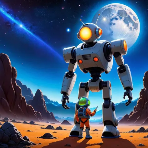 Stylized anime artwork, studio ghibli, an intrepid space ranger explores an alien planet with his robot companion, an amazing sky in the background filled with stars and swirling galaxies, distant nebula, a single bright planetary moon, masterpiece, best quality, absurd res, subsurface scattering, anime studio, cinematic lighting