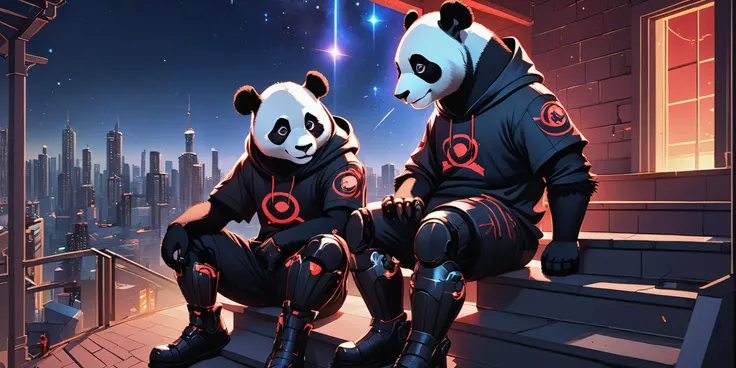 realistic digital art, two cyborg anthropomorphic giant panda male furry sitting on stairs on rooftop, chat with each other, have mechanical arms, mechanical hands, mechanical legs and mechanical boots, wear short sleeves hoodie, one is red and another is black, looking afar, city below, backlighting, night, moonlight, starry sky, shooting star, constellation
