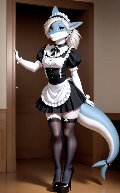 <lora:TomFischbeck:0.8>, TomFischbeck, masterpiece, best quality, (anthro shark girl, female, fish tail:1.2), (maid uniform, pantyhose, high heels, collar:1.3), good detailed, best quality, wide-angle, Hyperdetailed, masterpiece, 8k, HDR (High Dynamic Range), Maximum Clarity And Sharpness, Multi-Layered Textures, enhance, delicate, high quality, highres, 8k