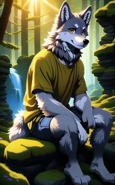 in the forest sitting on a mossy stone, (fluffy anthro furry:1), Fluffy curly fur, backlit by sunrise, (remarkable detailed eyes, perfect mouth), male, (wolf:1), cargo shorts, asymmetrical hair, detailed background, masterpiece, best quality, absurd res, subsurface scattering, cinematic lighting,
<lora:FurrySDXL:1>