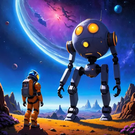 Stylized anime artwork, studio ghibli, an intrepid space ranger explores an alien planet with his robot companion, otherworldly sky, stars, swirling galaxies, distant nebula, a single bright planetary satellite, masterpiece, best quality, absurd res, subsurface scattering, cinematic lighting, HDR, digital acrylic painting