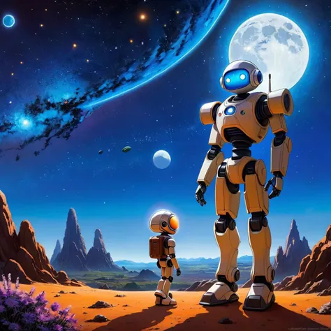 Stylized anime artwork, studio ghibli, an intrepid space ranger explores an alien planet with his robot companion, an amazing sky in the background filled with stars and swirling galaxies, distant nebula, a single bright planetary moon, masterpiece, best quality, absurd res, subsurface scattering, anime studio, cinematic lighting