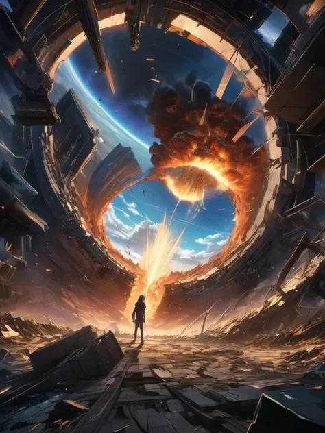 Stylized anime artwork, a striking view from earth as it is being destroyed as it gets pulled into a nearby black hole, Digital painting, color graded, anime studio, best quality, 8k, hdr, masterpiece, detailed