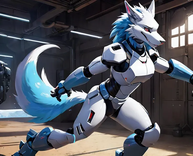 Stylized cinematic anime artwork, action shot, robot anthro furry, Sergal, male, digital painting, acrylic paint \(medium\), single tail, subsurface scattering, smooth lines, detailed