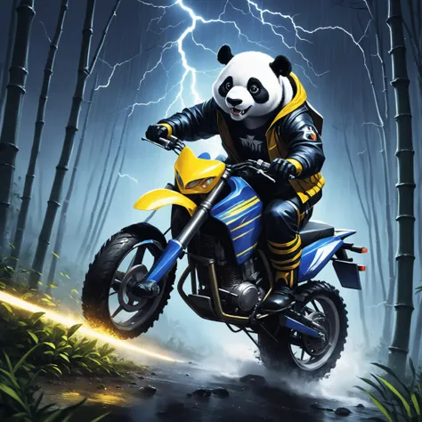 realistic digital art, in a dark night, a anthropomorphic giant panda male furry riding an yellow motocross, rushing through a sharp bend in bamboo forest, thunderstorm and lightning in the distance, he wears an interchange jacket and pants, which are blue with some white stripes, he wears protective boots and protective gloves, panda, furry, motorcycle, protective gears, dark night, rain, water and mud splashing, thunder strike, dynamic scene, epic scene, speed, motion blur