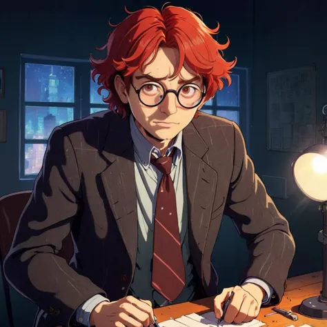 stylized anime studio Ghibli inspired artwork, tall, man, wearing a well worn tweed suit, messy, loose collar, loosened necktie, unbuttoned jacket, detailed face, scruffy red hair, glasses with thick lenses, desk, worklight, quirky, inventor, hunched over, eccentric tools, tinkering, masterpiece, absurd res, best quality, countershading