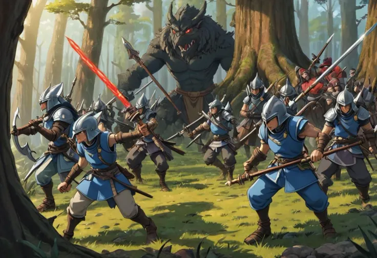 Stylized Anime artwork, Macro focal length, optical illusion, a group of warriors set out to find and destroy an ancient cursed weapon before it falls into the wrong hands detailed digital acrylic painting, color graded, studio ghibli, highly detailed