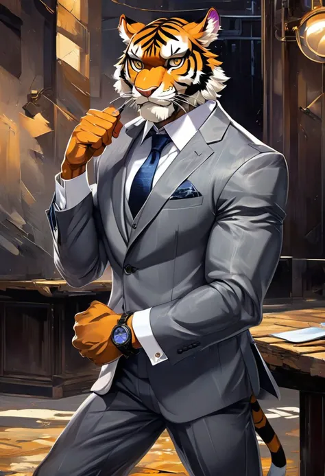 Stylized anime artwork, a handsome tiger in a grey suit adjusting his cufflinks, muscular, digital painting, pallet knife, photoshop acrylic painting, anime studio, color graded, subsurface scattering, HDR, cinematic lighting, masterpiece, best quality, detailed, absurd res