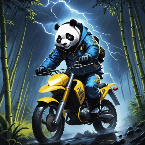 realistic digital art, in a dark night, a anthropomorphic giant panda male furry riding an yellow motocross, rushing through a sharp bend in bamboo forest, thunderstorm and lightning in the distance, he wears an interchange jacket and pants, which are blue with some white stripes, he wears protective boots and protective gloves, panda, furry, motorcycle, protective gears, dark night, rain, water and mud splashing, thunder strike, dynamic scene, epic scene, speed, motion blur