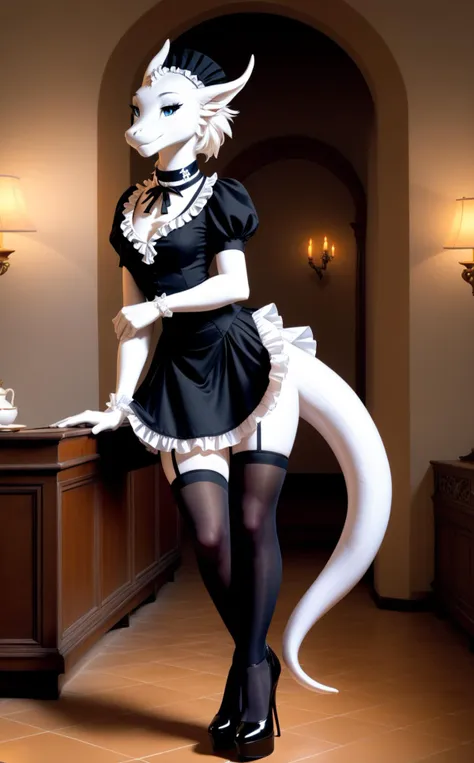 <lora:TomFischbeck:0.8>, TomFischbeck, masterpiece, best quality, (anthro dragon girl, female, dragon tail, scails:1.2), (maid uniform, pantyhose, high heels, collar:1.3), good detailed, best quality, wide-angle, Hyperdetailed, masterpiece, 8k, HDR (High Dynamic Range), Maximum Clarity And Sharpness, Multi-Layered Textures, enhance, delicate, high quality, highres, 8k